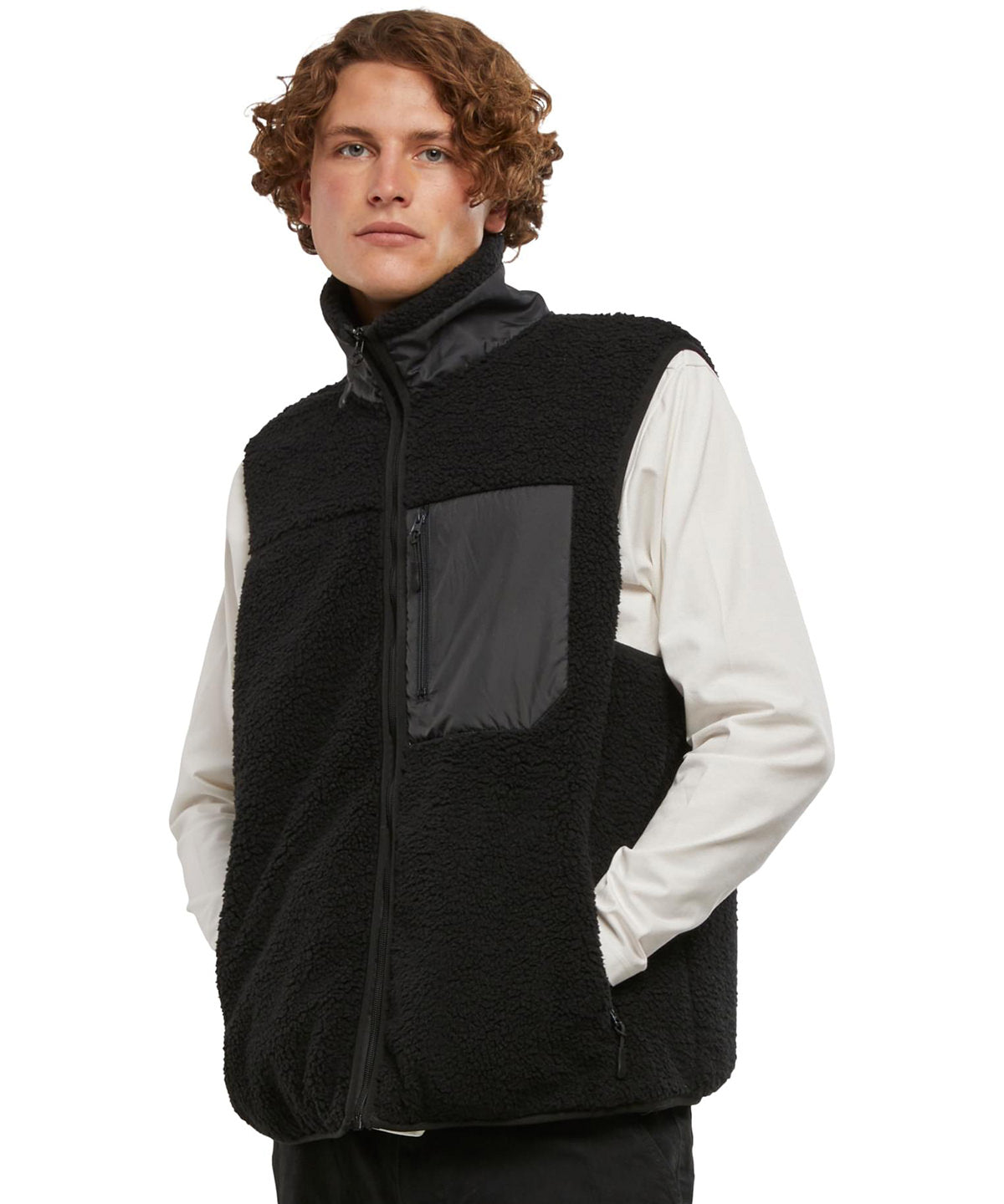 New Morning Studios Bonded sherpa vest, lifestyle photo