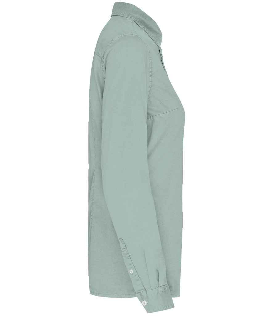 Native Spirit Ladies Washed Long Sleeve Shirt in Washed Jade Green, side view