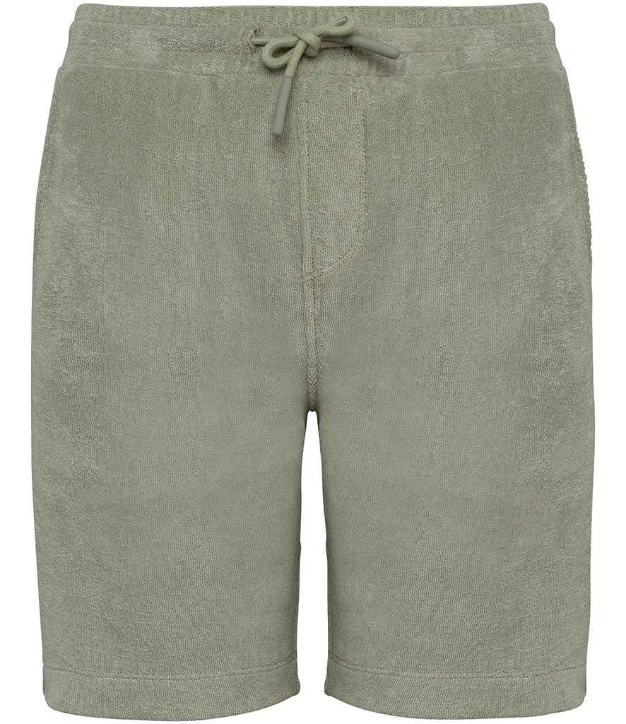 Native Spirit Kids Drawcord Terry Towel Shorts in Almond Green, front view