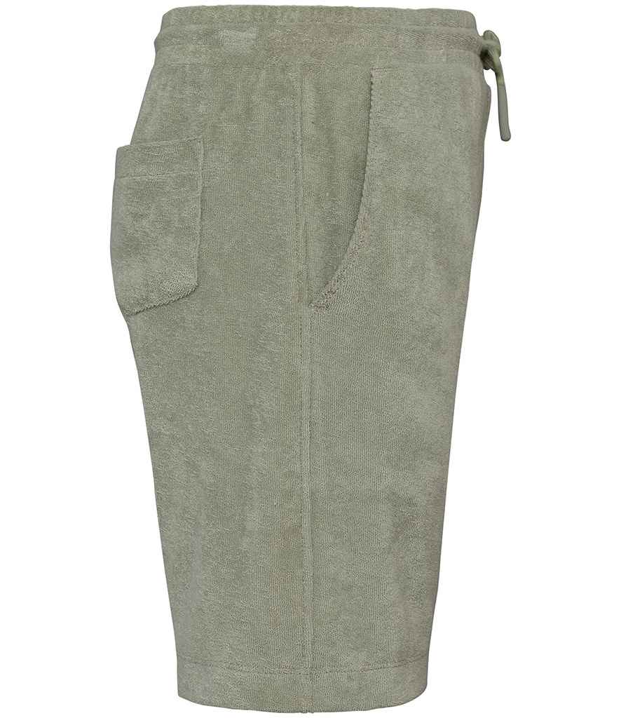 Native Spirit Kids Drawcord Terry Towel Shorts in Almond Green, side view