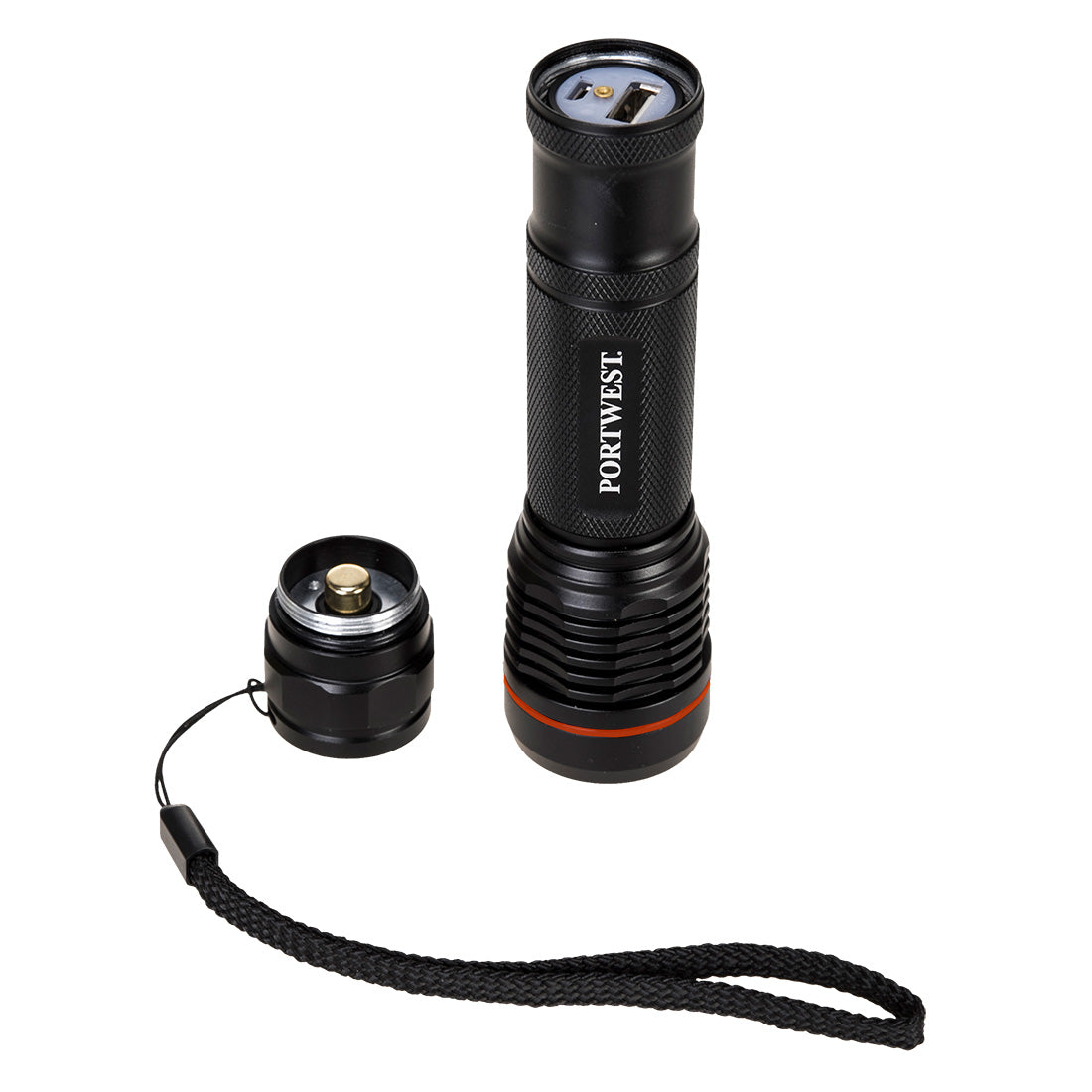 Portwest PA75 USB Rechargeable Torch in Black, back view