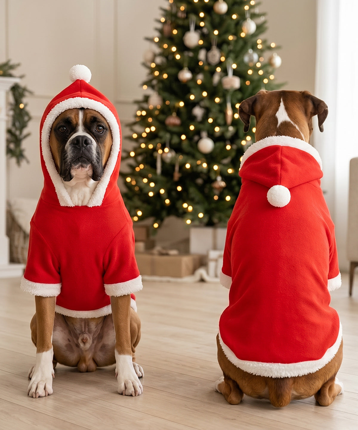 Portman & Pooch Dog’s Santa hoodie in Red/White, lifestyle photo