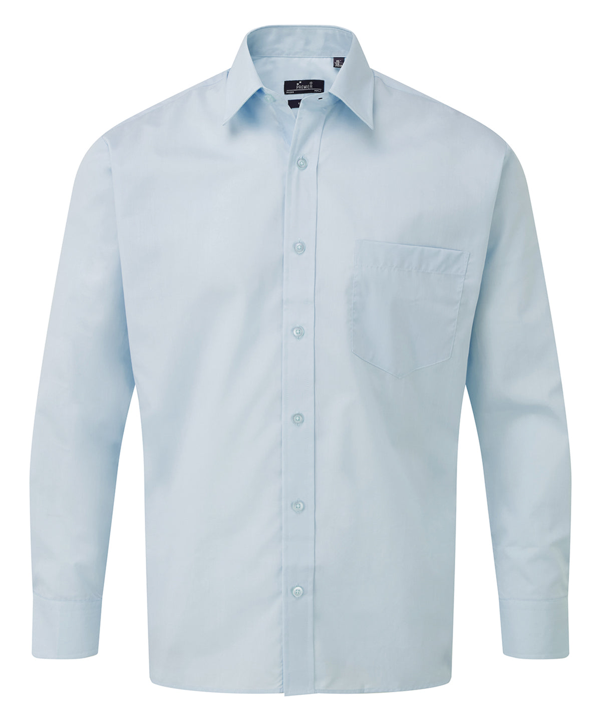 Premier Long sleeve poplin shirt in Light Blue, front view
