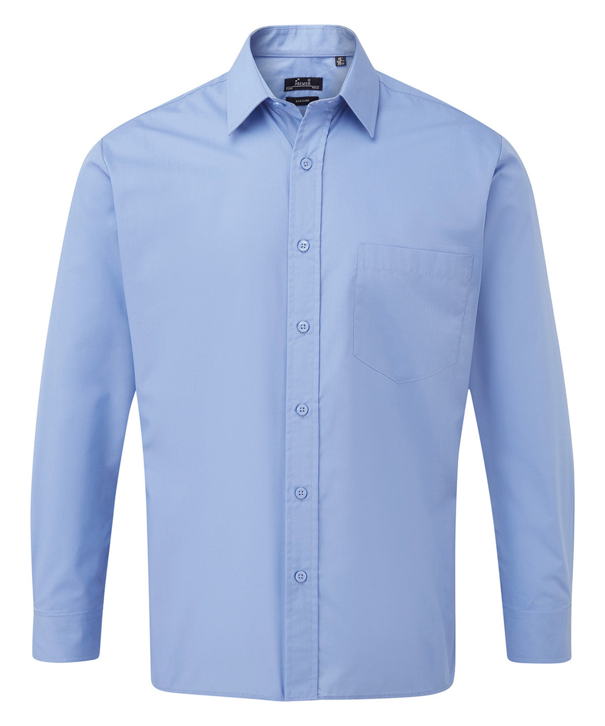 Premier Long sleeve poplin shirt in Mid Blue, front view