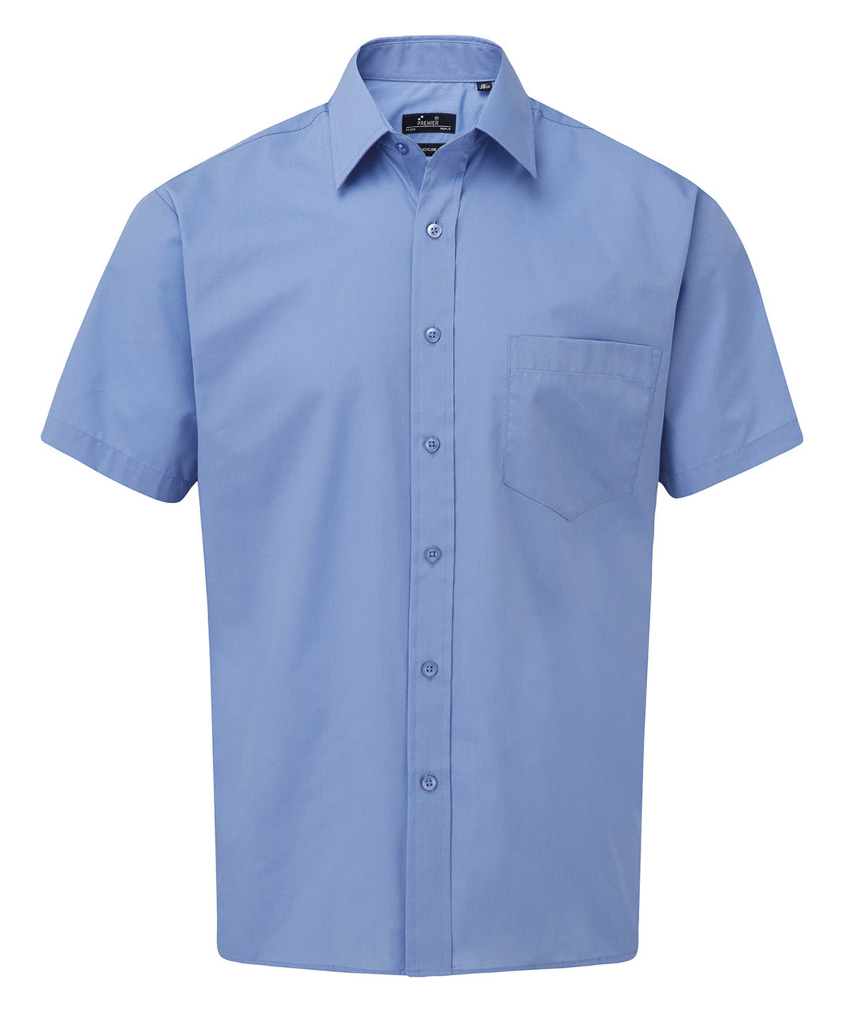 Premier Short sleeve poplin shirt in Mid Blue, front view