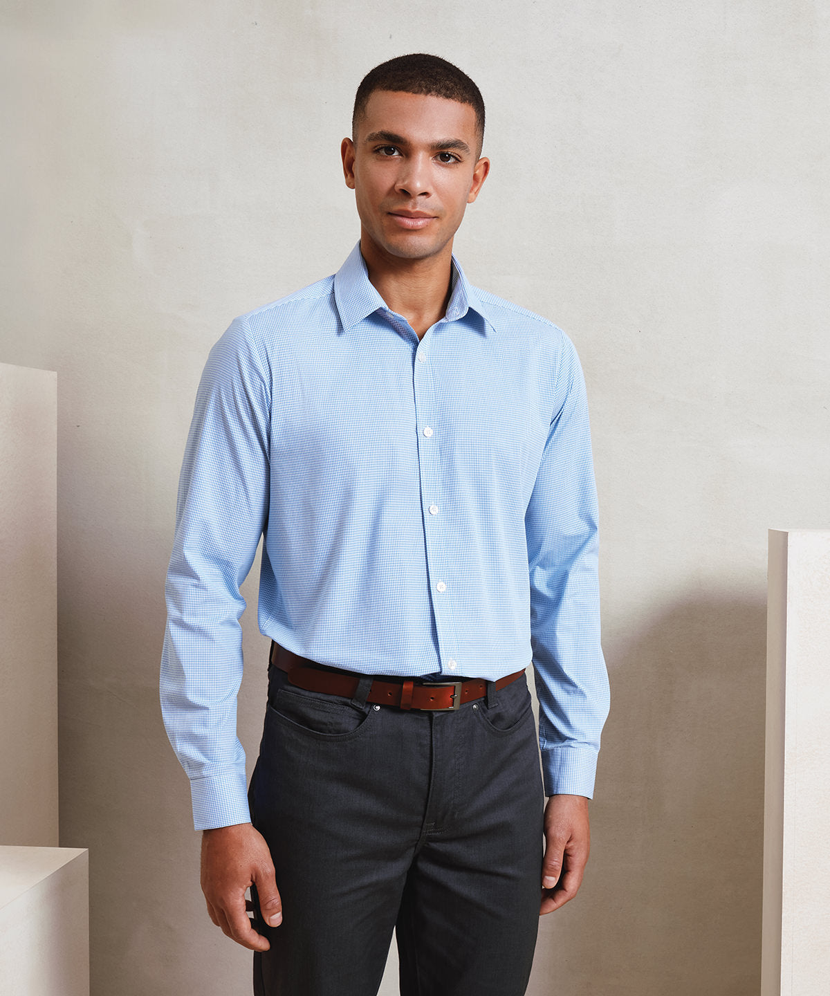 Premier Microcheck (Gingham) long sleeve cotton shirt, lifestyle photo