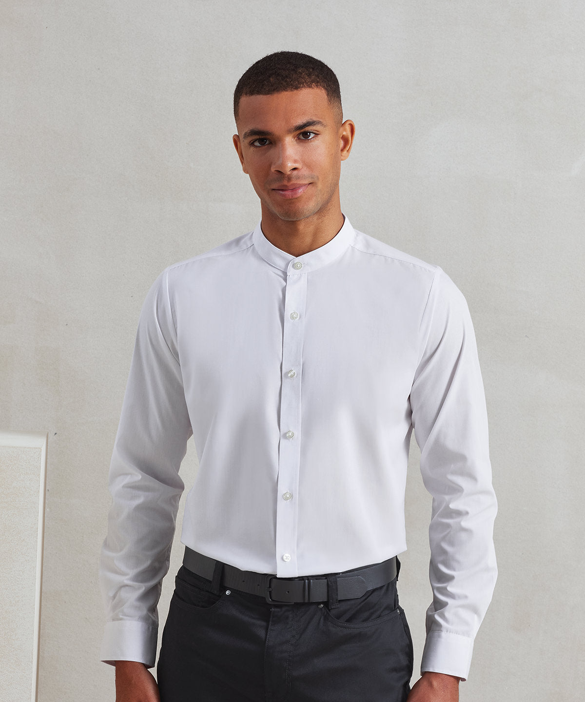 Premier Banded collar grandad long sleeve shirt, lifestyle photo