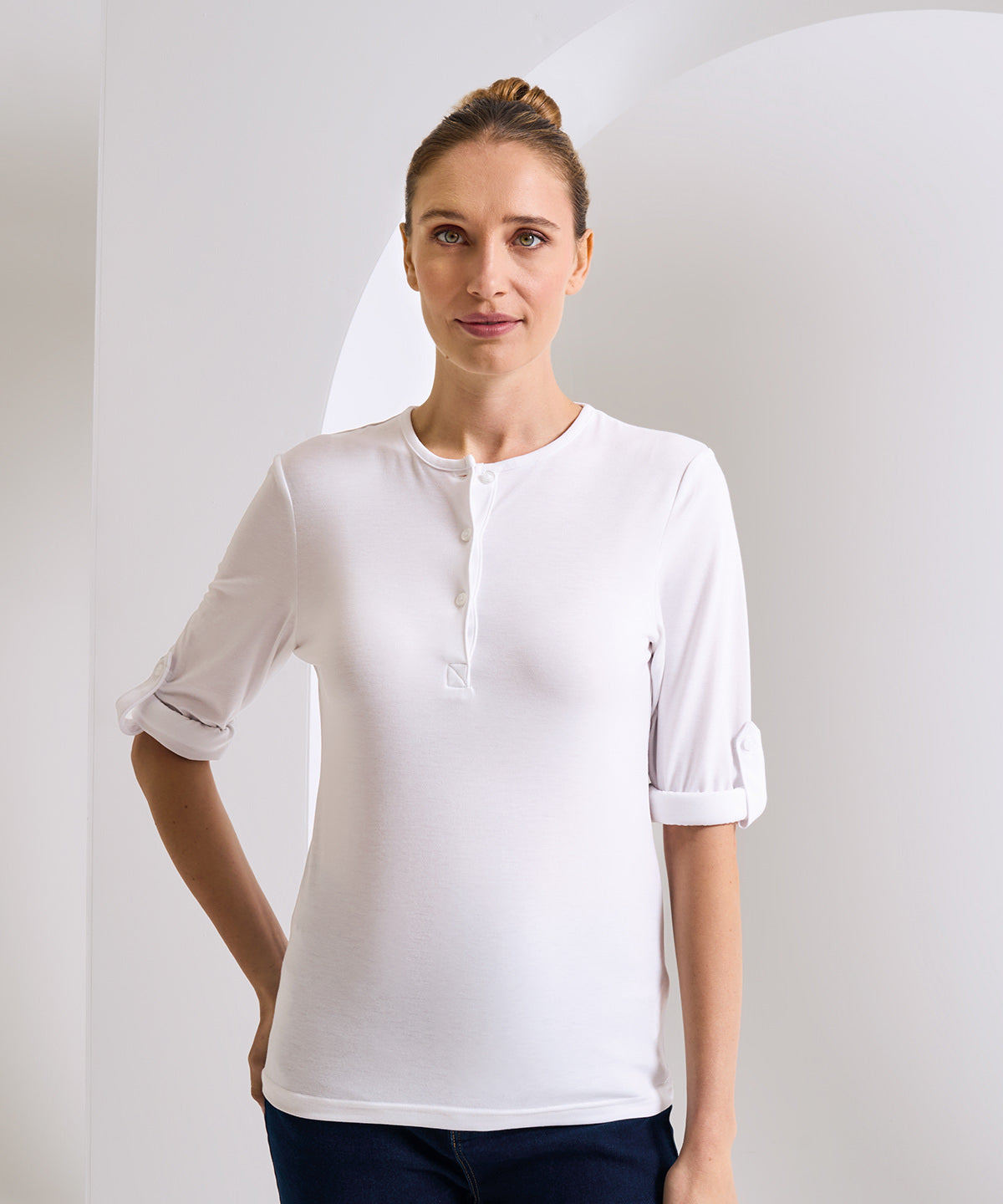 Premier Women's Long John roll-sleeve tee, lifestyle photo