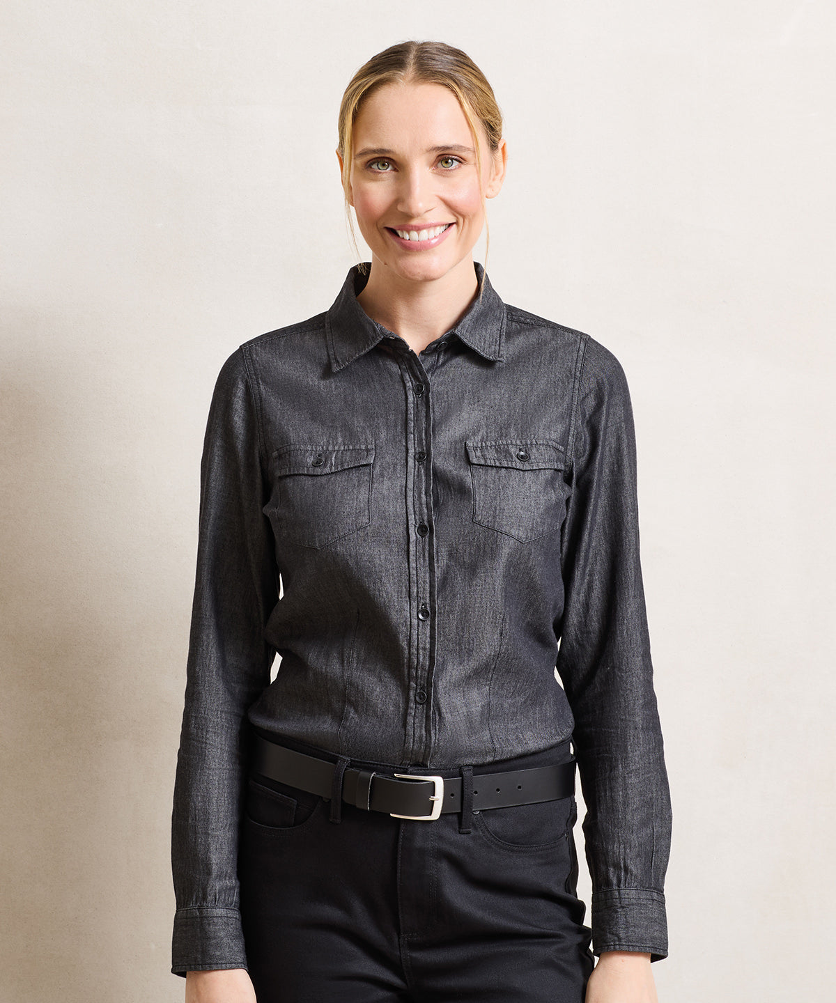 Premier Women's jeans stitch denim shirt, lifestyle photo