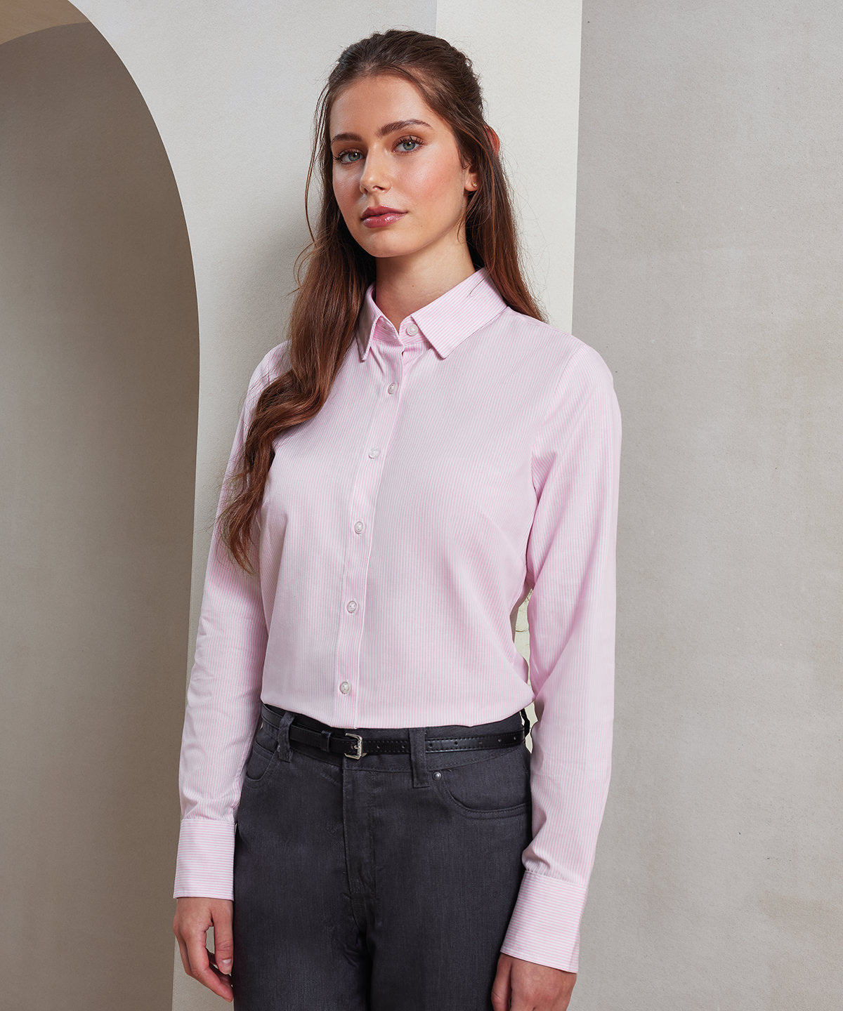 Premier Women's cotton-rich Oxford stripes blouse, lifestyle photo
