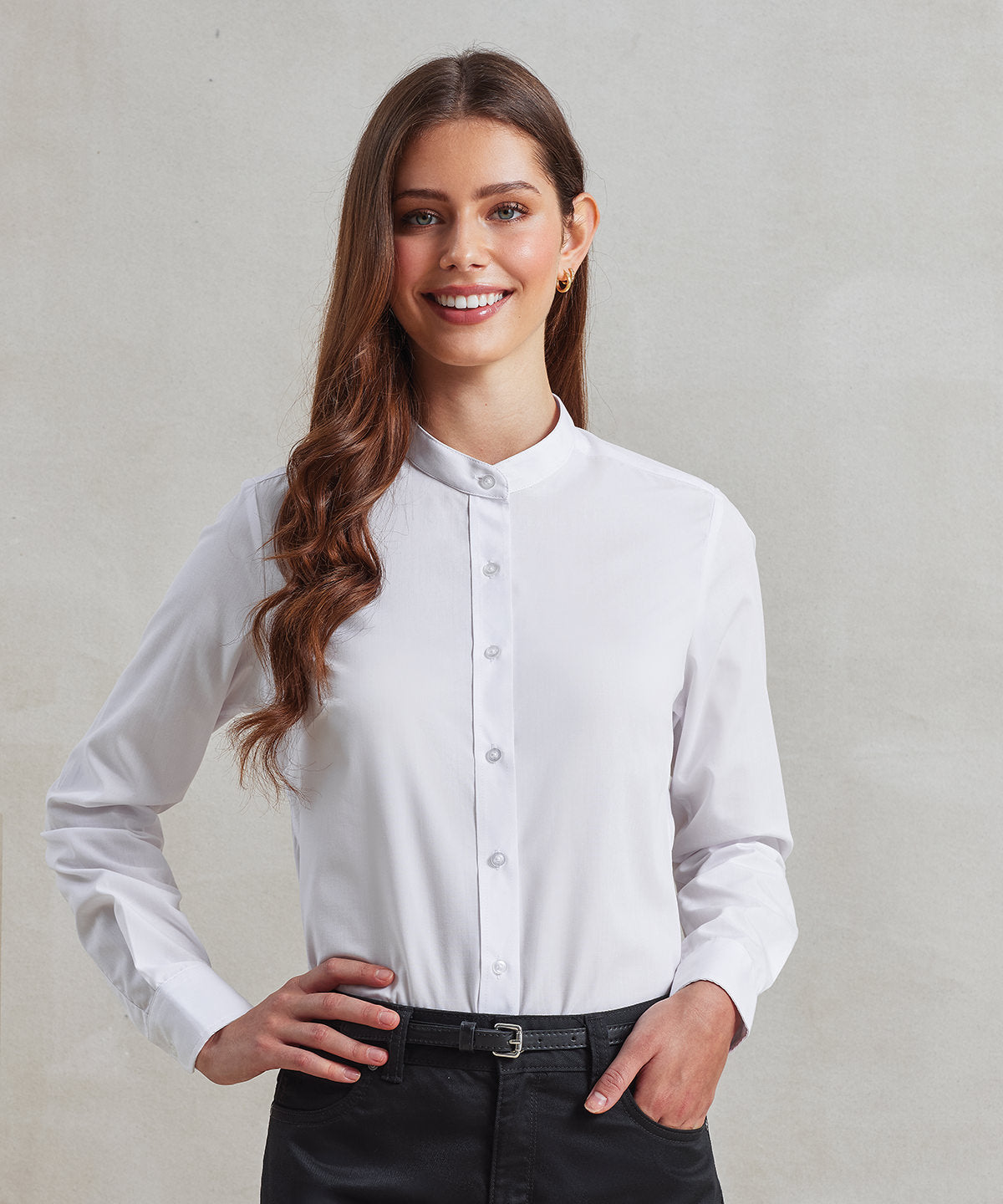 Premier Women's banded collar 'grandad' shirt, lifestyle photo