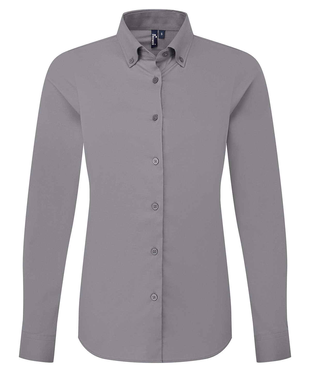 Premier Women’s ‘Supreme’ Oxford long sleeve shirt in Steel Grey, front view