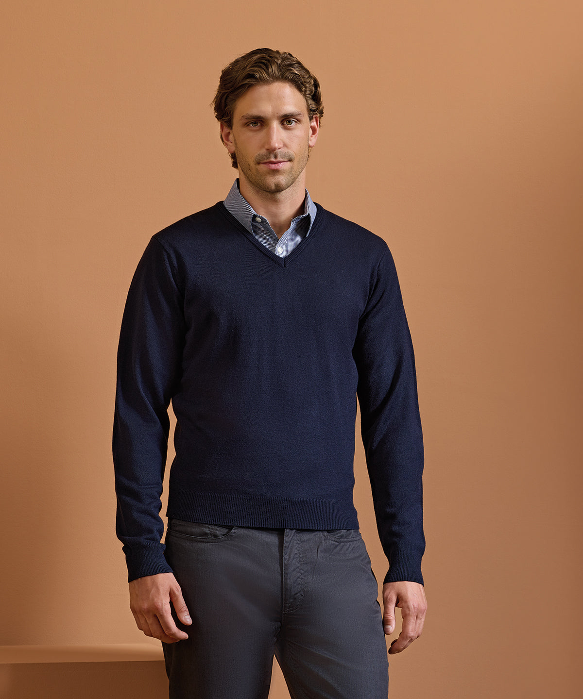 Premier 'Essential' acrylic v-neck sweater, lifestyle photo