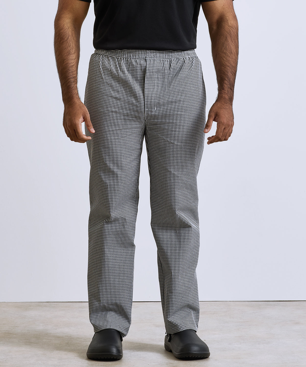 Premier Pull-on chef’s trousers in Black/White, lifestyle photo
