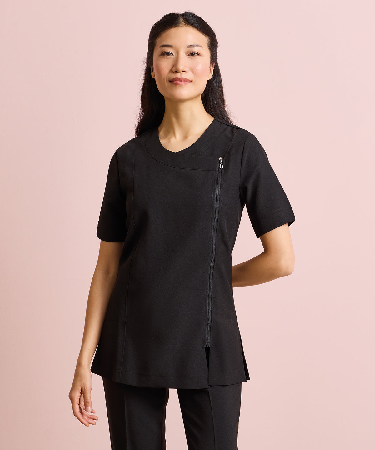 Premier Camellia beauty and spa tunic in Black, lifestyle photo