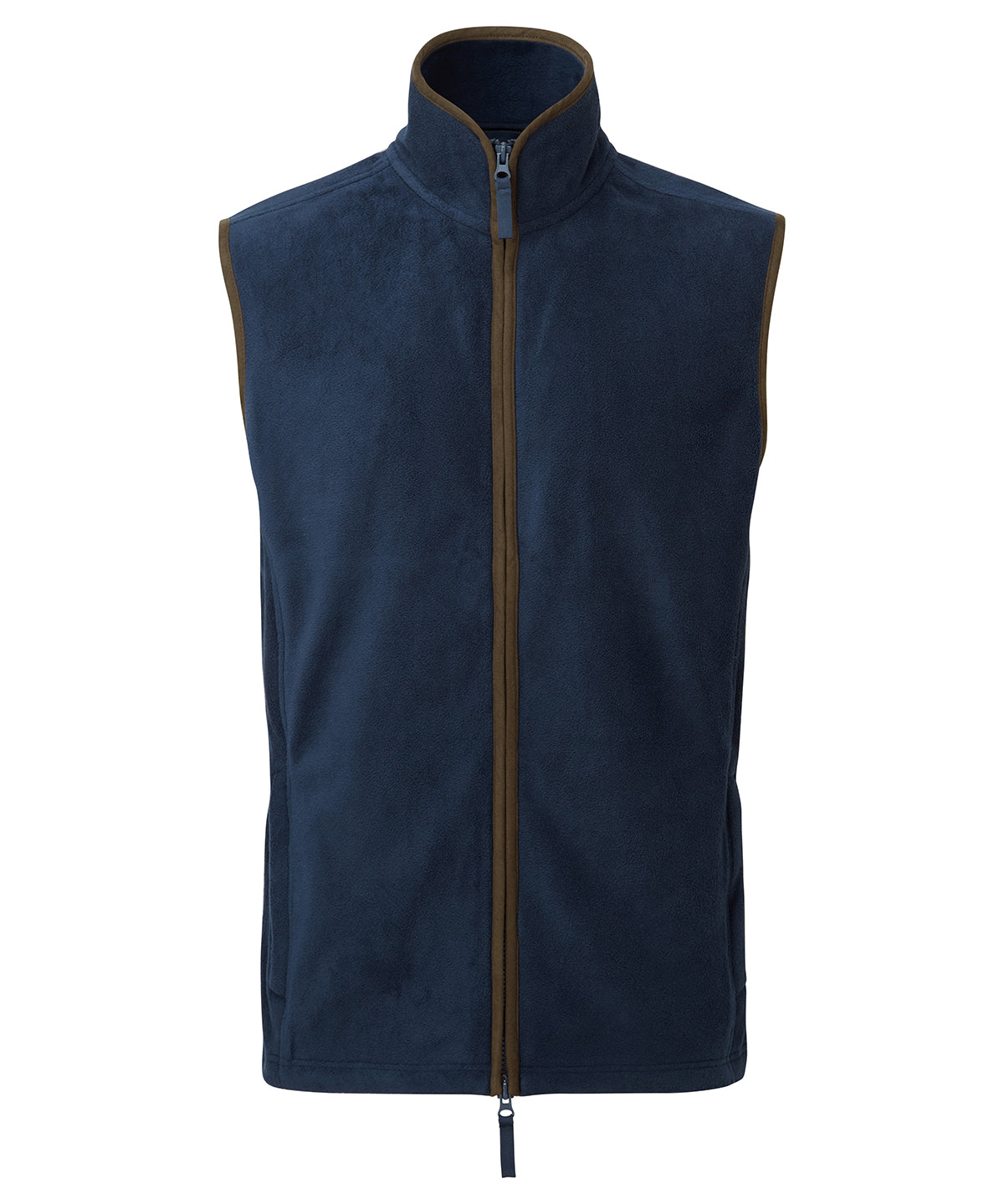 Premier Artisan fleece gilet in Navy/Brown, front view