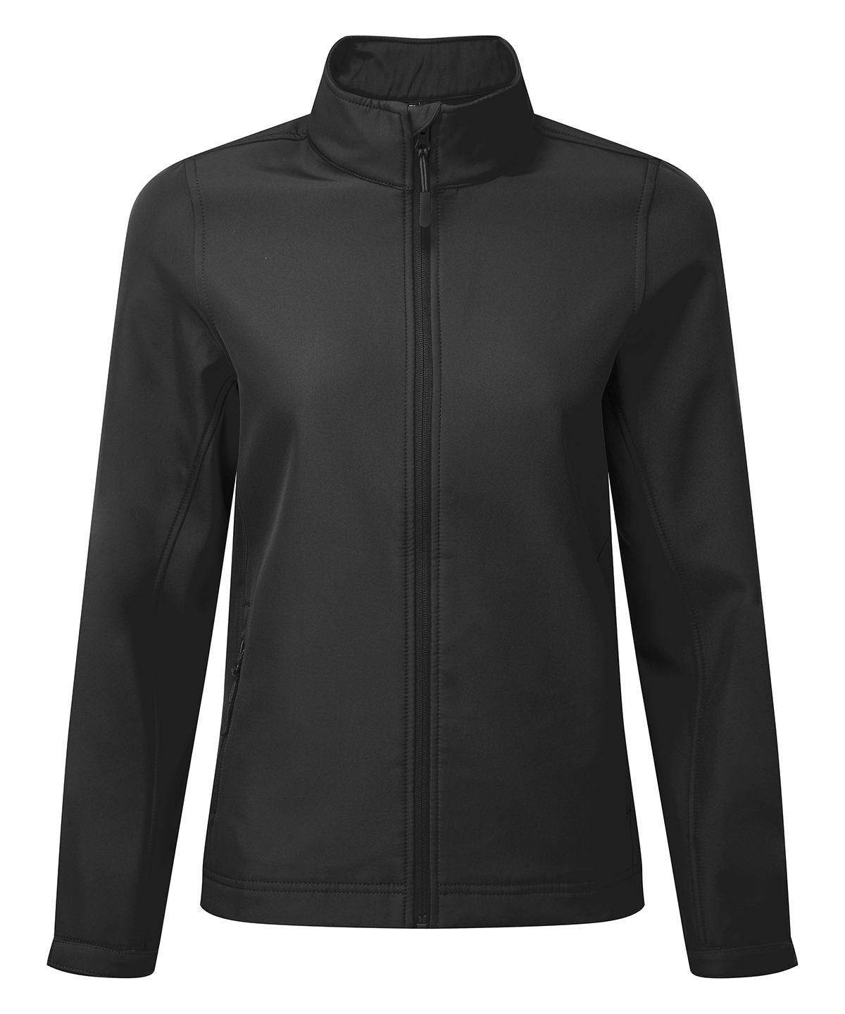Premier Women’s Windchecker printable and recycled softshell jacket in Black, front view