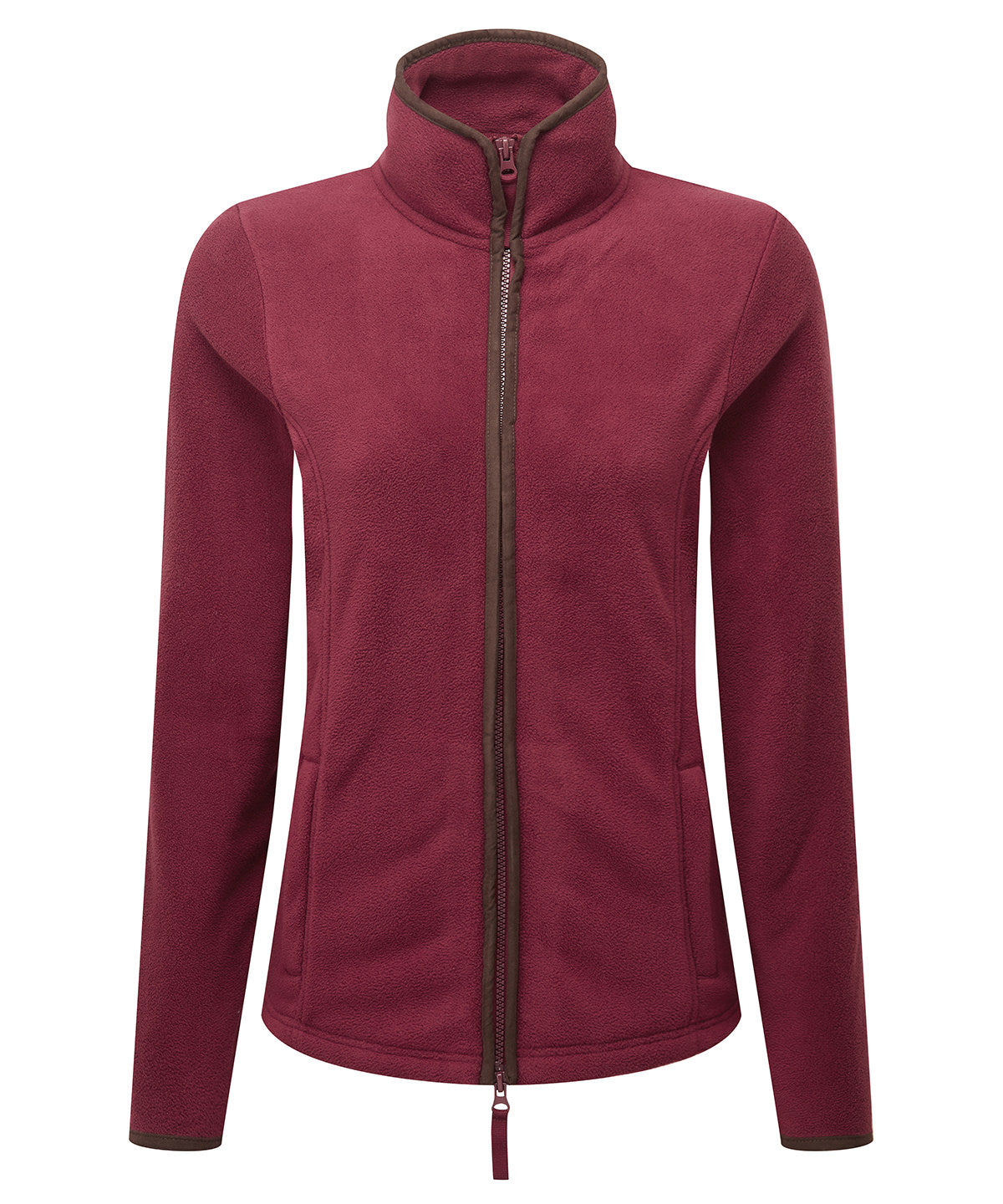Premier Women’s artisan fleece jacket in Burgundy/Brown, front view