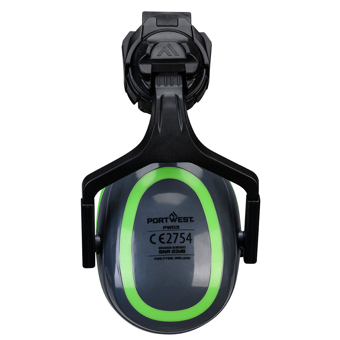 Portwest PW03 HV Extreme Ear Defenders Low Clip-On Metal Free in Grey/Green, back view