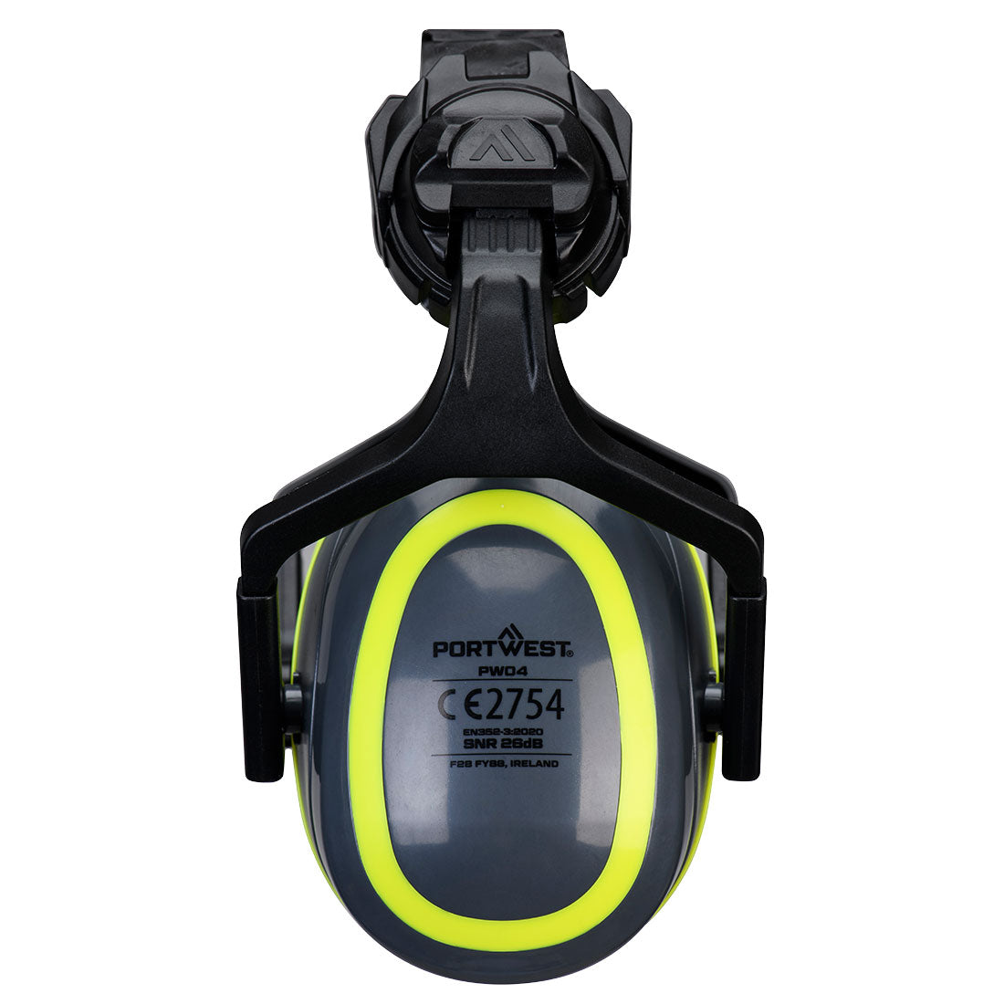 Portwest PW04 HV Extreme Ear Defenders Medium Clip-On Metal Free in Grey/Yellow, back view