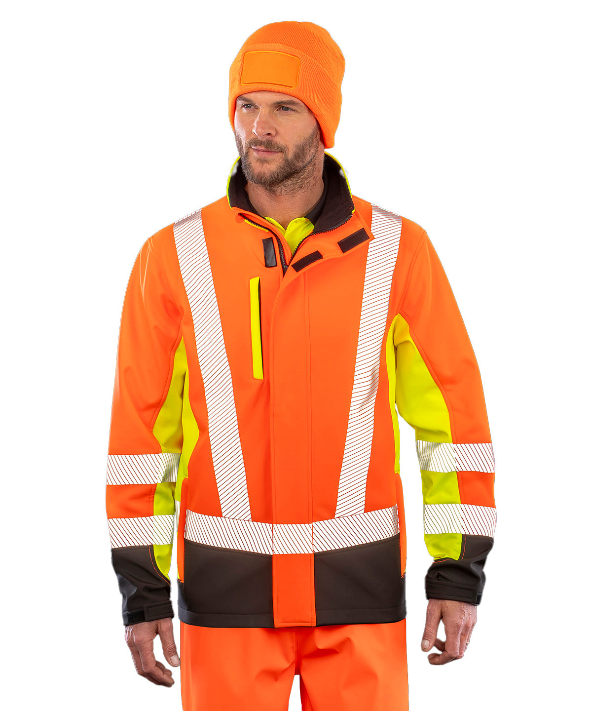 Result Recycled 3-layer printable 3-tone safety softshell in Fluorescent Yellow/Fluorescent Orange/Black, lifestyle photo