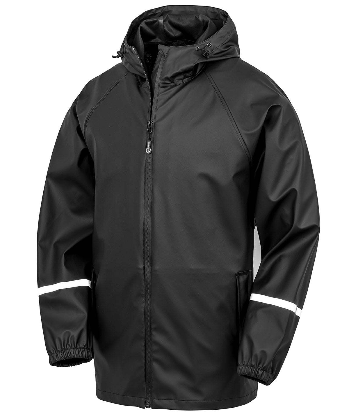 Result Recycled Prism PU waterproof jacket with reflective bands and recycled backing in Black, front view
