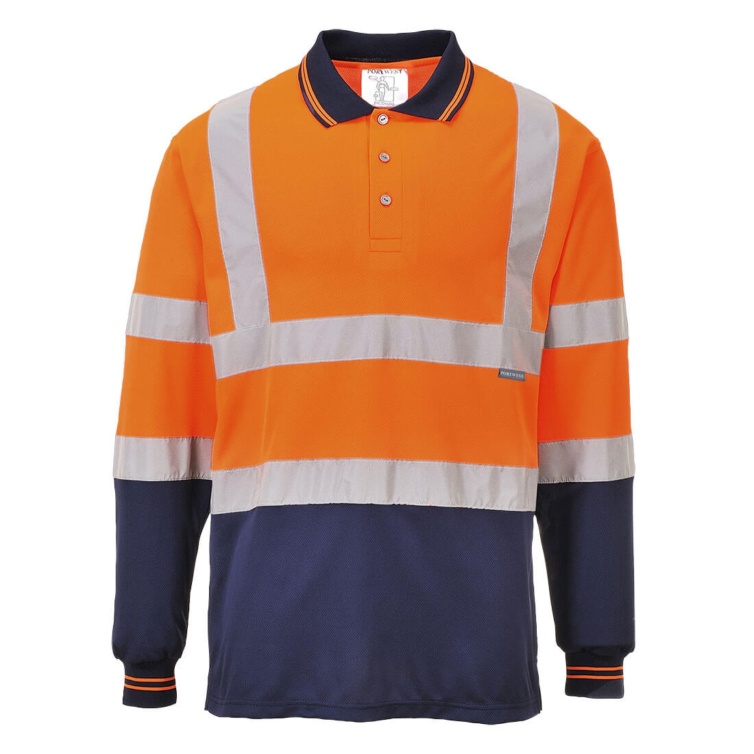 Portwest Hi-Vis Contrast Polo Shirt L/S in Orange/Navy, main product image