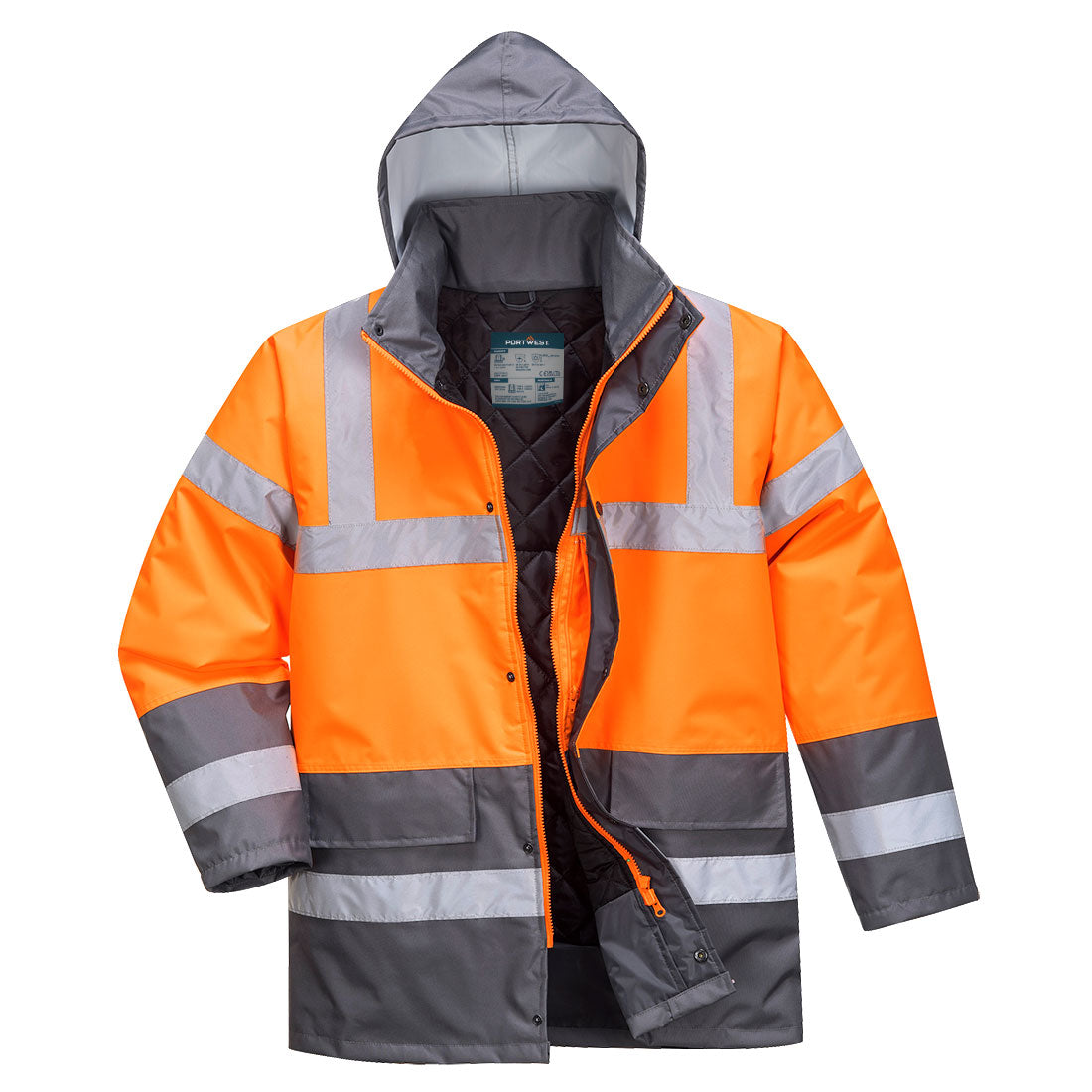 Portwest Hi-Vis Contrast Winter Traffic Jacket in Orange/Grey, image 2