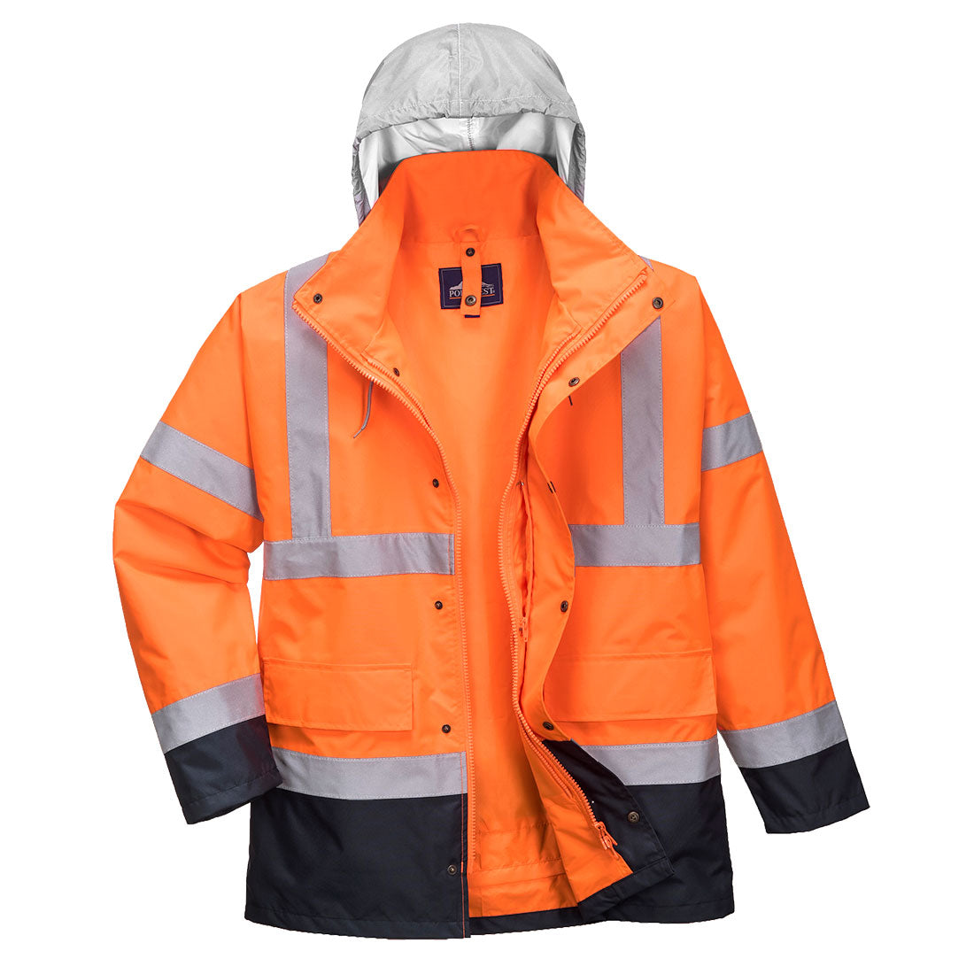Portwest Hi-Vis 4-in-1 Contrast Traffic Jacket in Orange/Navy, main product image