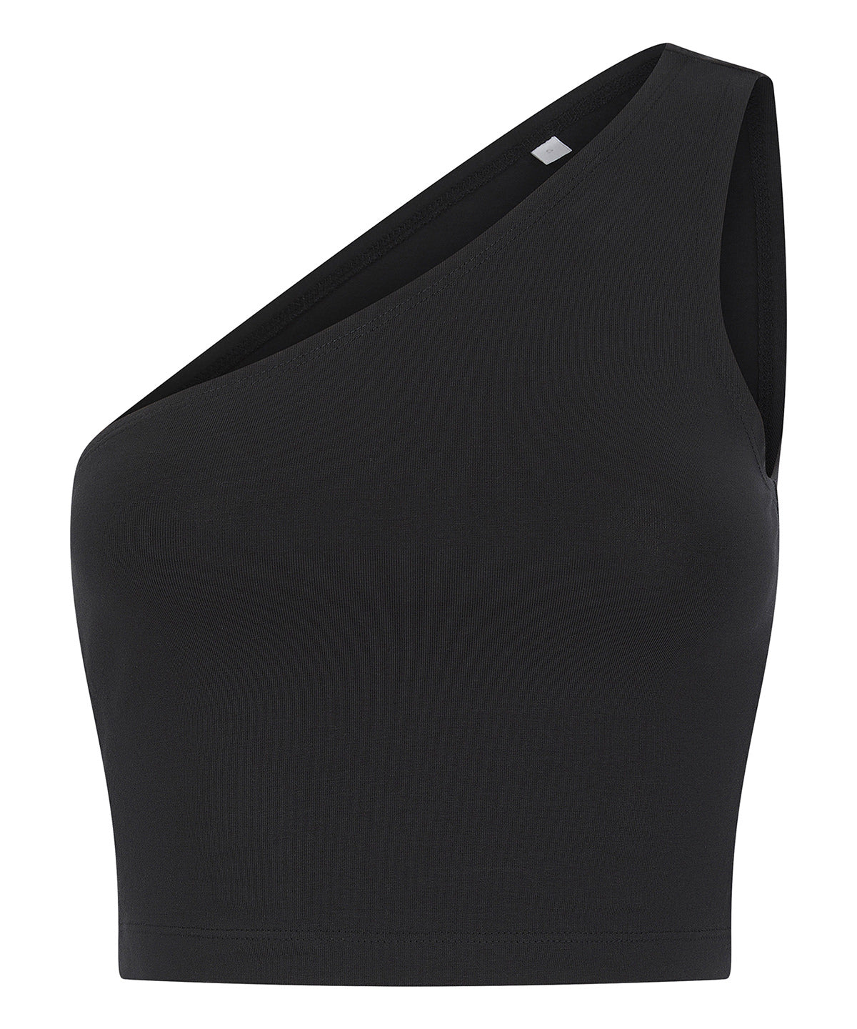 SF Women’s one-shoulder top in Black, front view