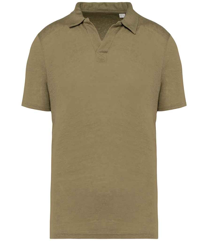 Spasso Linen Polo Shirt in Light Olive Green, front view