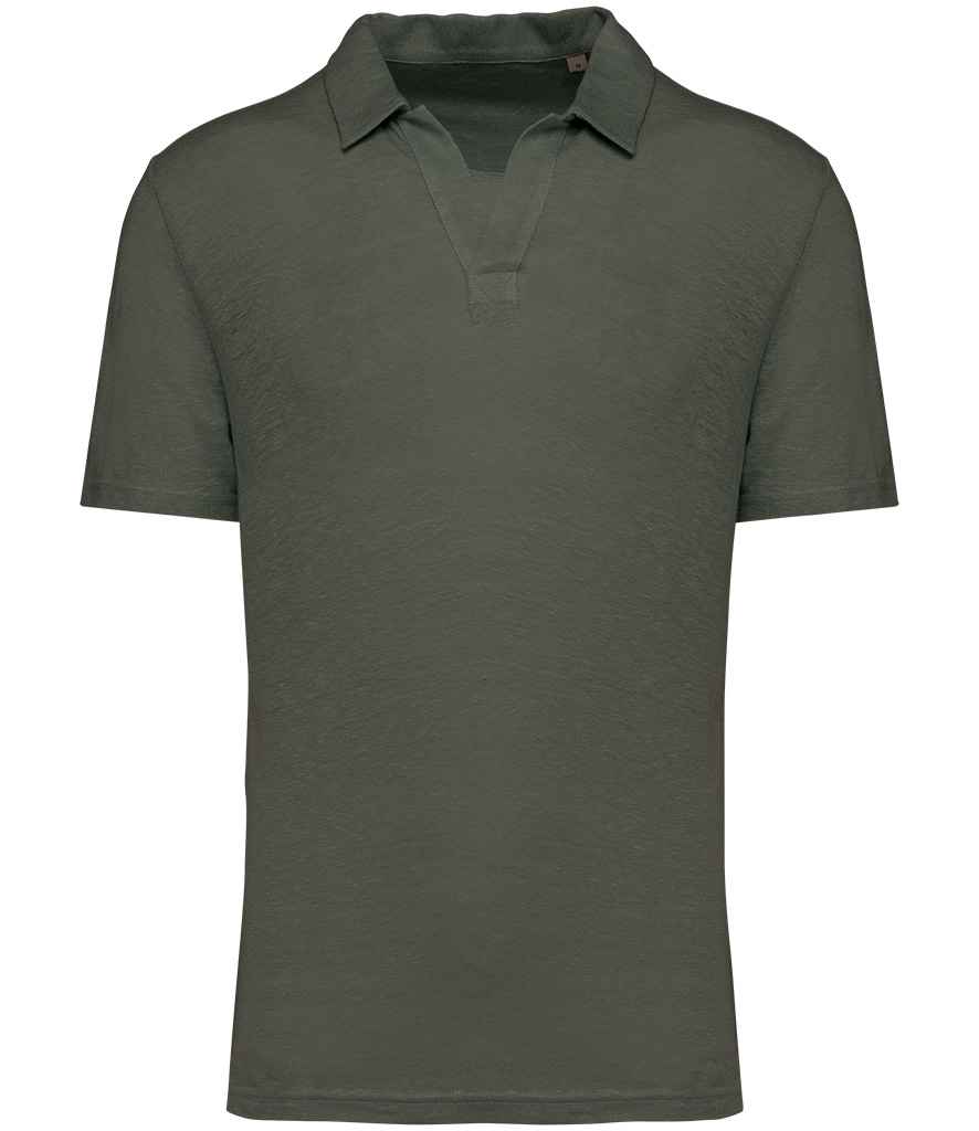 Spasso Linen Polo Shirt in Organic Khaki, front view