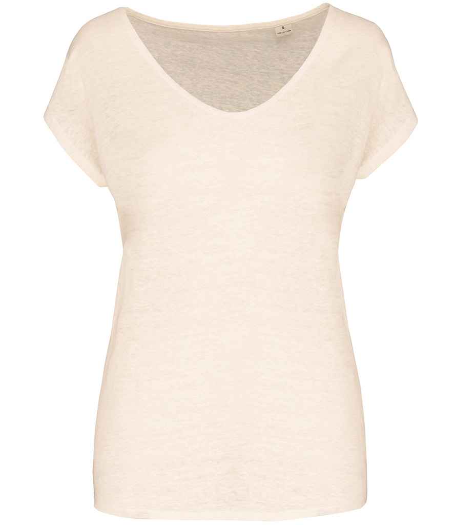 Spasso Ladies V Neck Linen T-Shirt in Ivory, front view