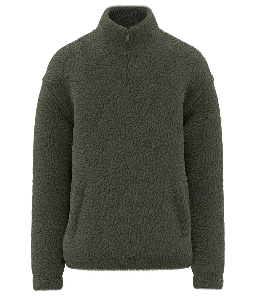 Spasso Unisex Sherpa Drop Shoulder 1/4 Zip Sweat in Forest Khaki, front view