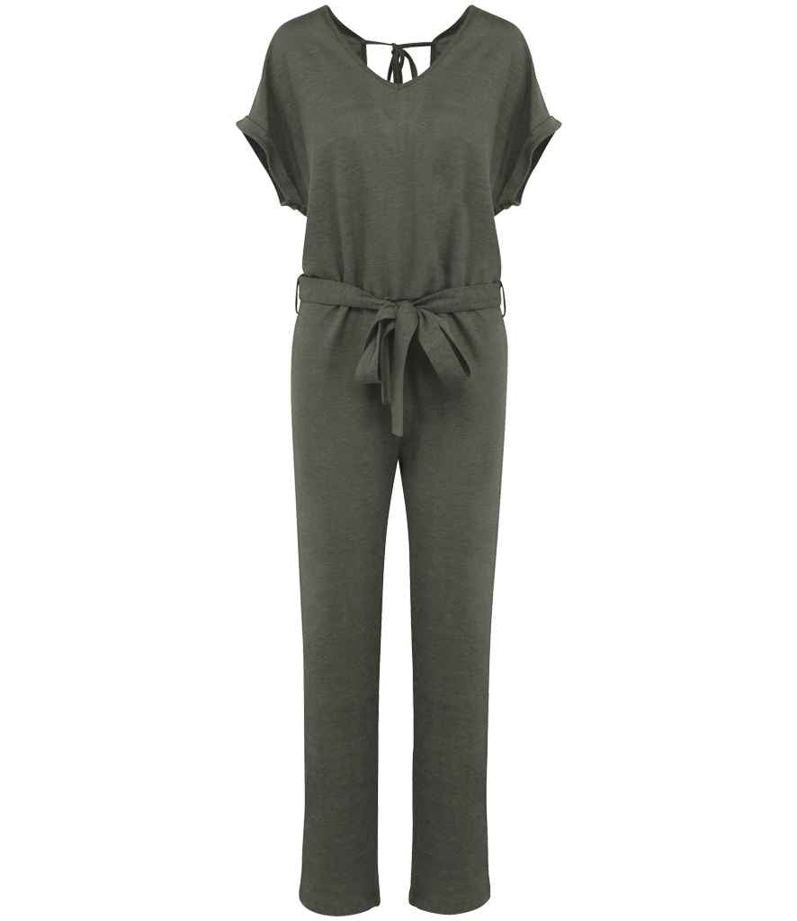 Spasso Ladies Short Sleeve Linen Knit Jumpsuit in Organic Khaki, front view