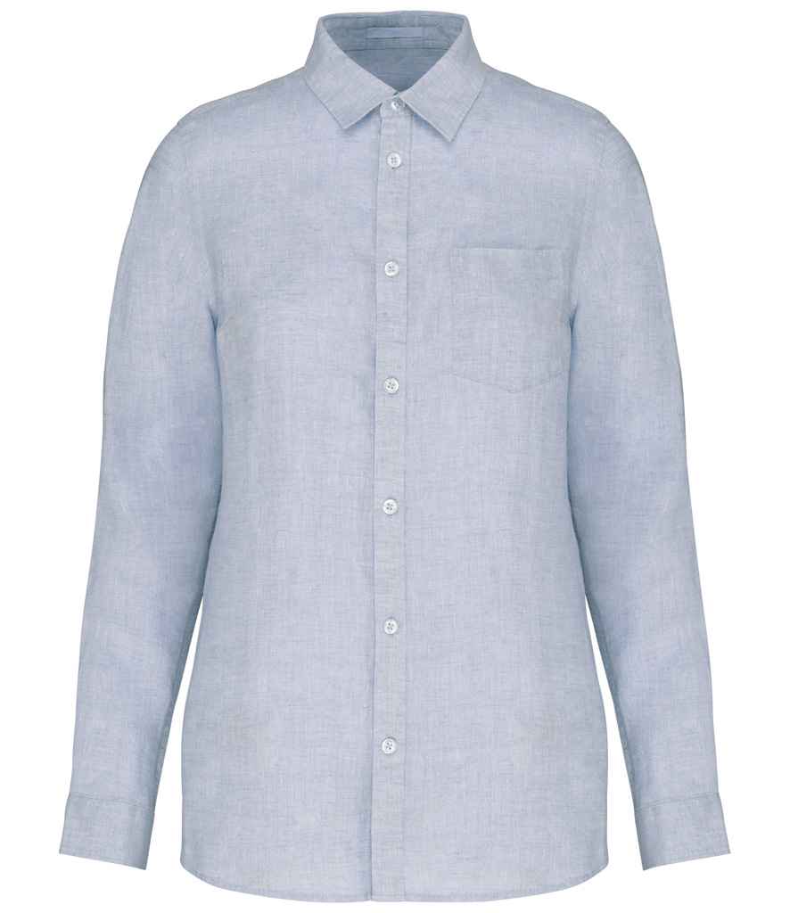 Spasso Ladies Long Sleeve Linen Shirt in Linen Blue, front view