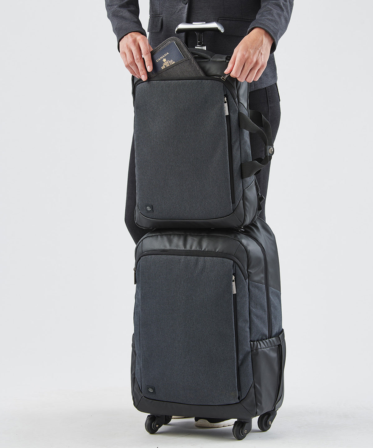 Stormtech Road Warrior computer pack in Graphite/Black, lifestyle photo