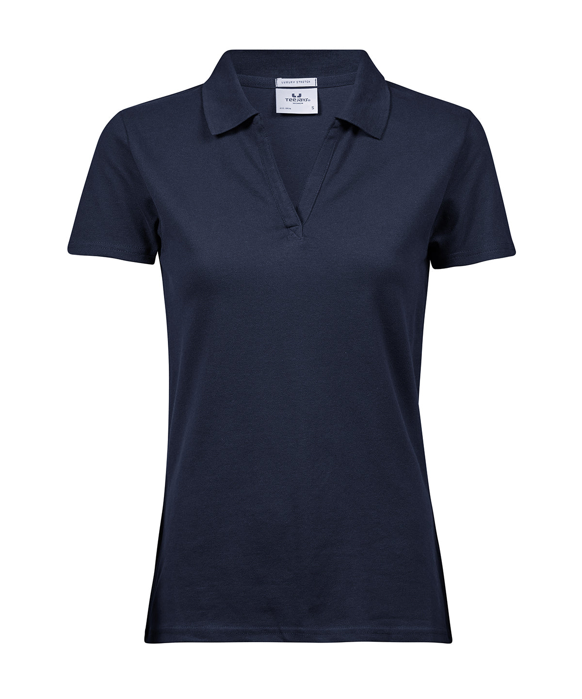 Tee Jays Women’s luxury stretch v-neck polo in Navy, front view