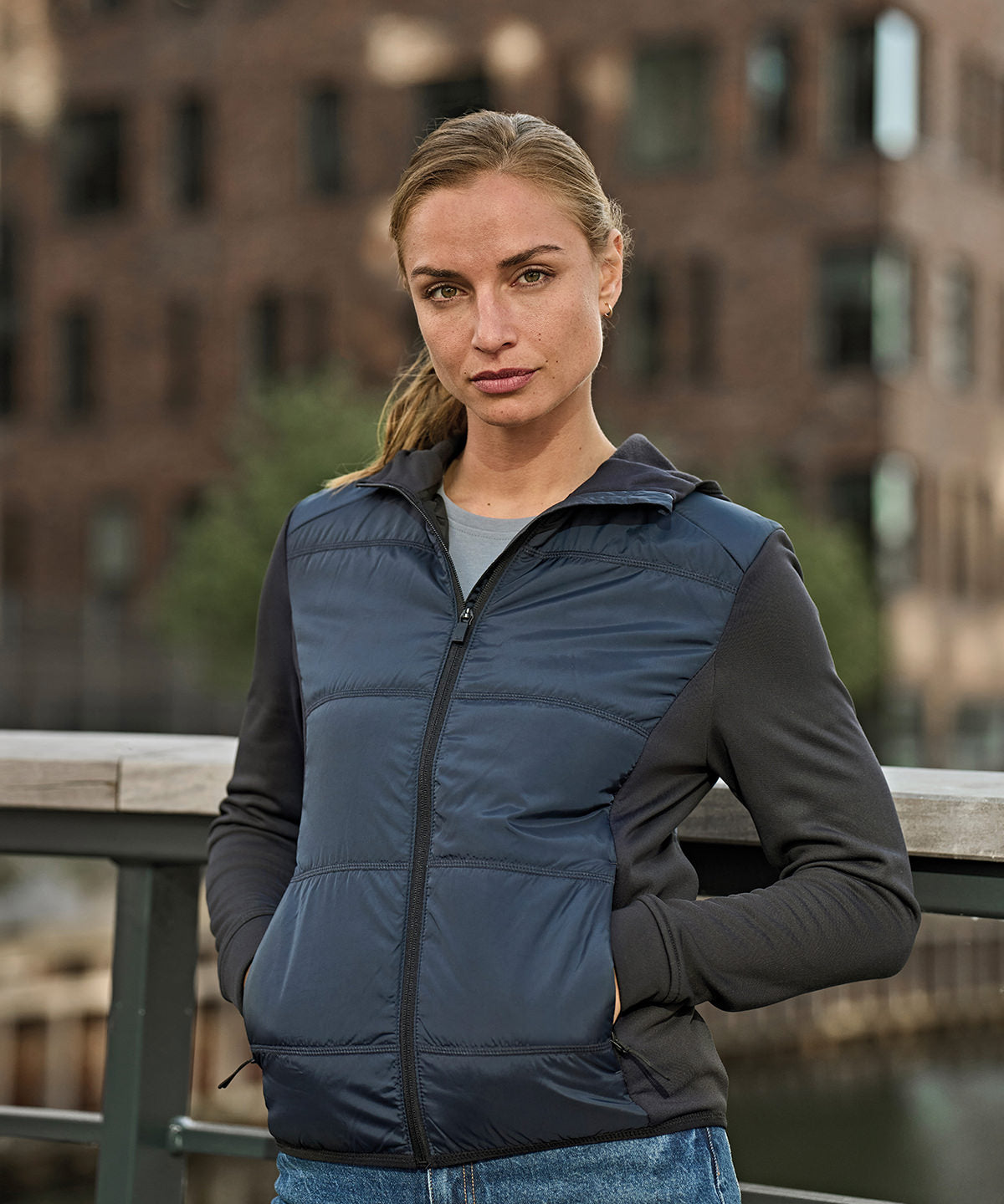 Tee Jays Women’s hybrid-stretch hooded jacket, lifestyle photo