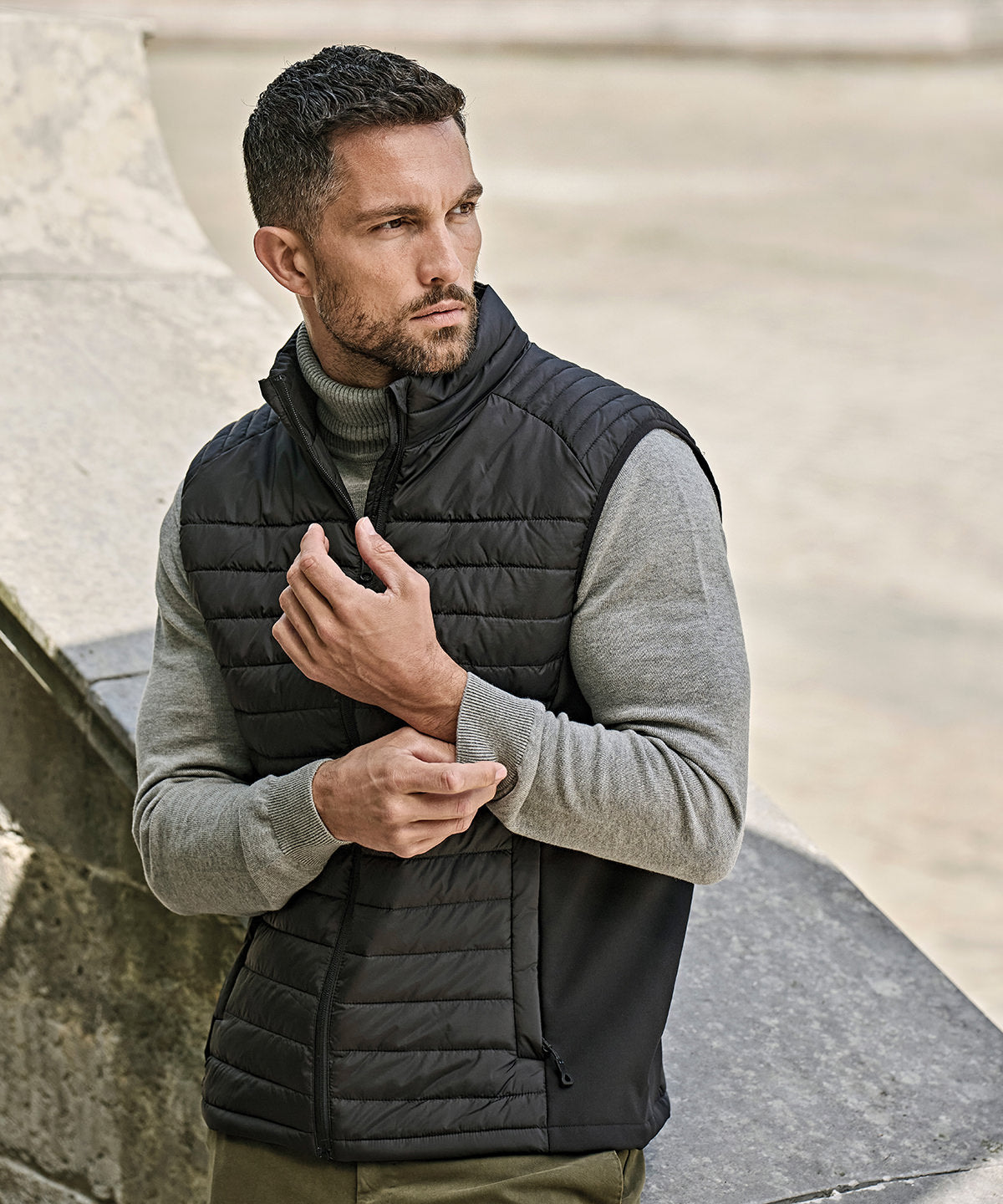 Tee Jays Crossover bodywarmer in Black/Black/Black, lifestyle photo