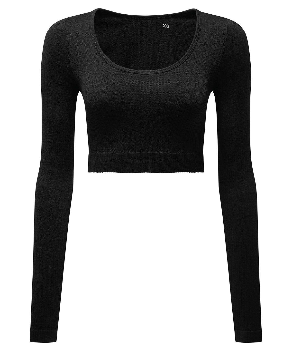 TriDri Women's ribbed seamless 3D fit" crop top" in Black, front view