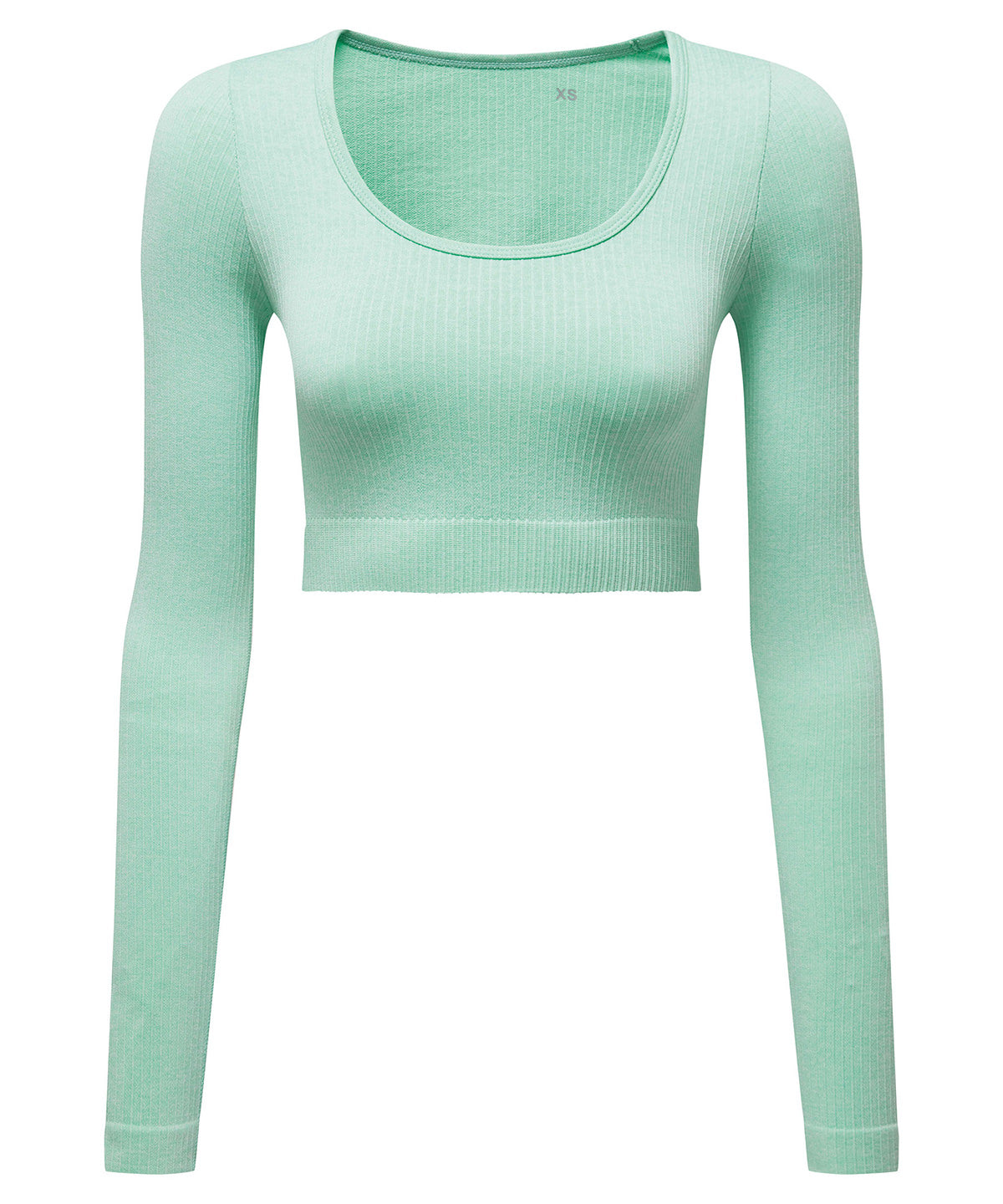 TriDri Women's ribbed seamless 3D fit" crop top" in Peppermint Melange, front view
