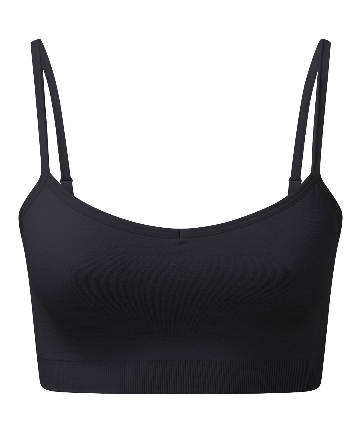 TriDri Women's recycled seamless "3D fit" multi-sport flex bra in Black, front view