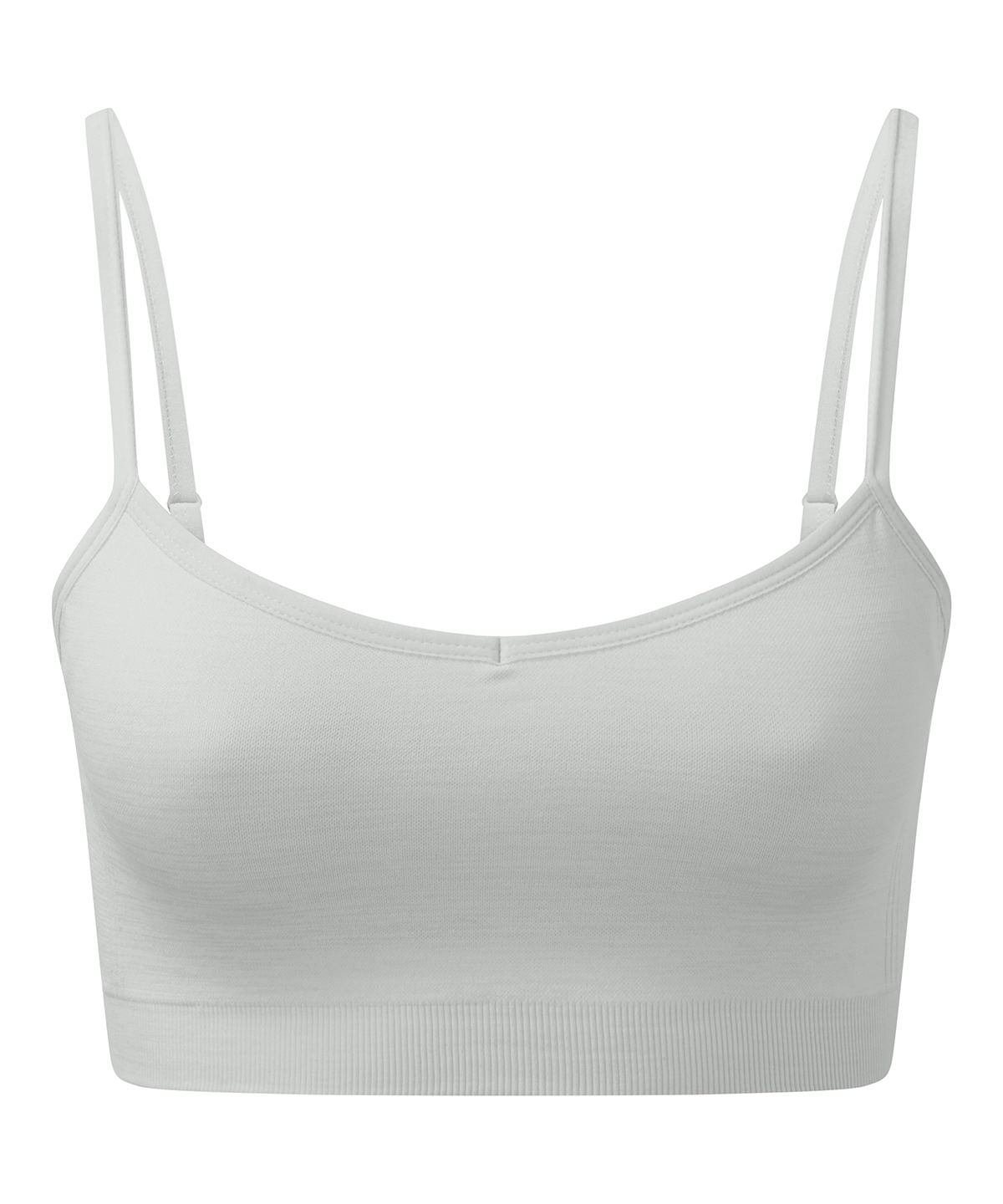 TriDri Women's recycled seamless "3D fit" multi-sport flex bra in Cool Grey Melange, front view