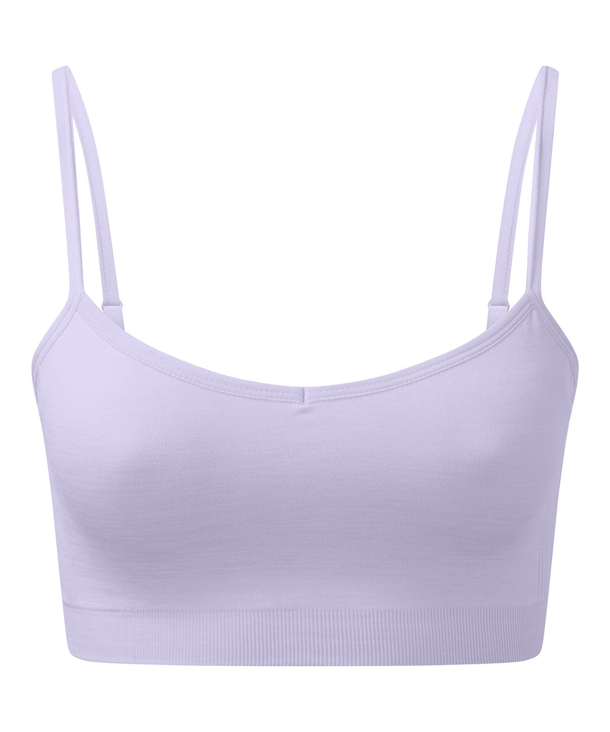 TriDri Women's recycled seamless "3D fit" multi-sport flex bra in Lilac Melange, front view