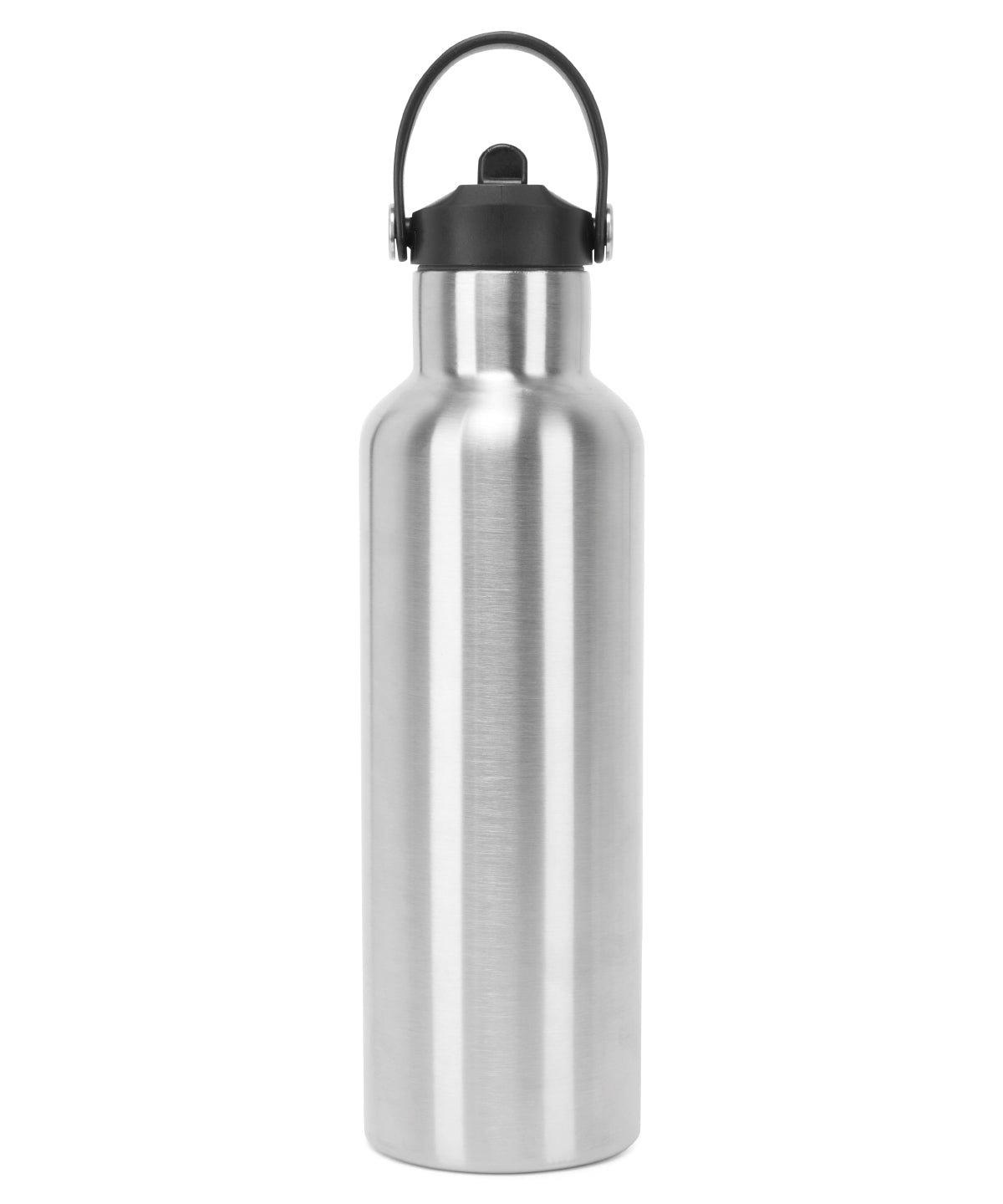 TriDri Vacuum sports water bottle with flip up straw in Brushed Steel, front view