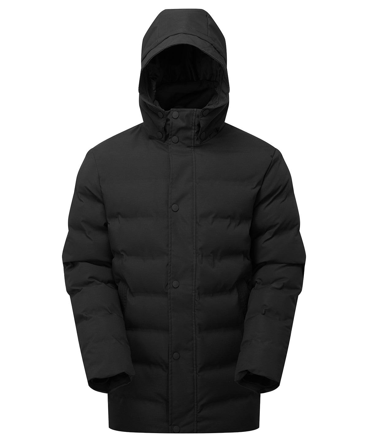 2786 Recycled bonded longline padded jacket in Black, front view