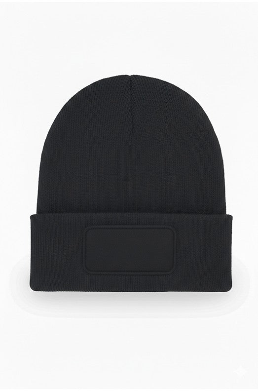 Uneek Rectangular Patch Beanie in Black, front view