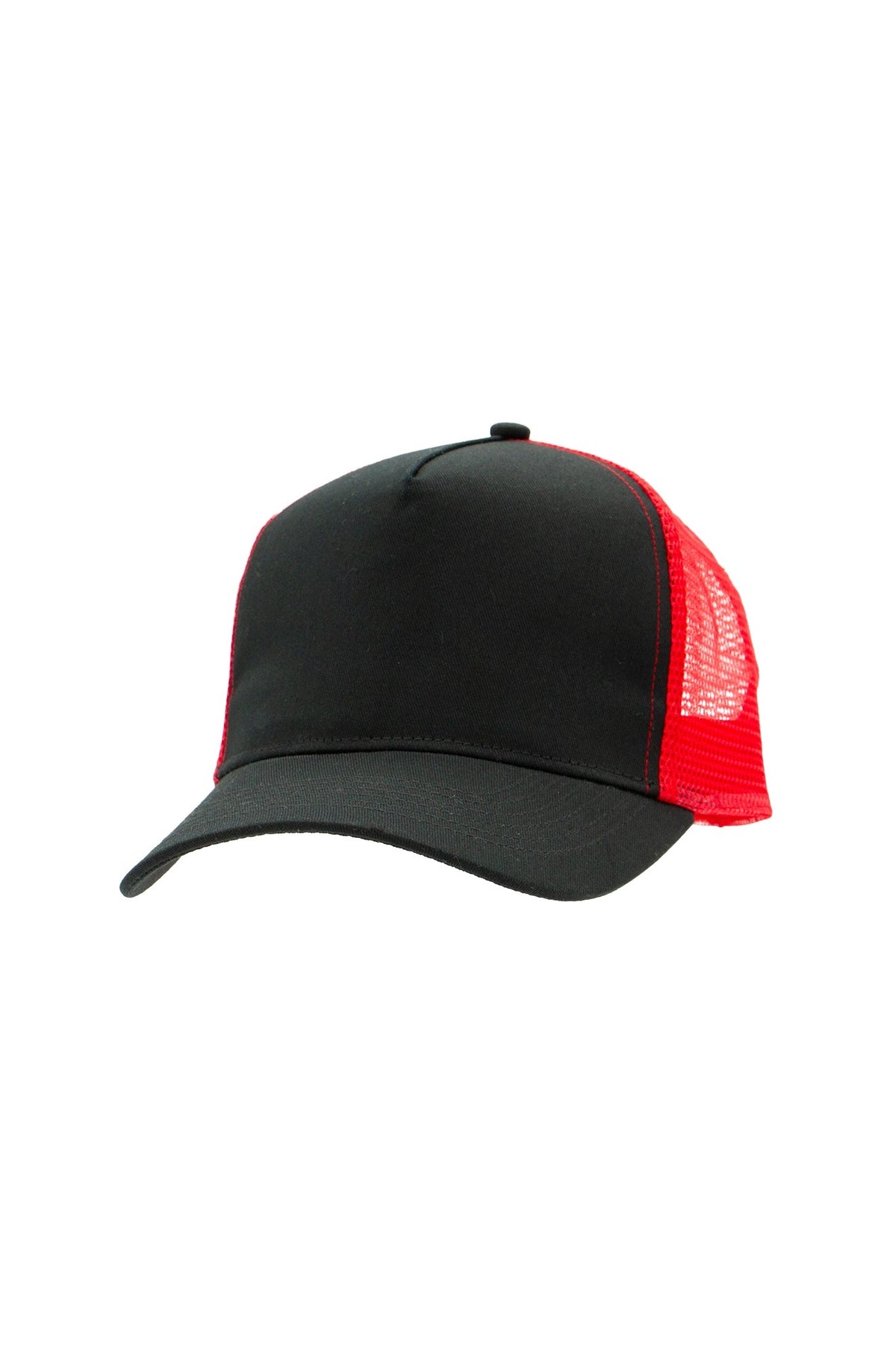 Uneek Snapback Trucker Cap in Black/Red, front view