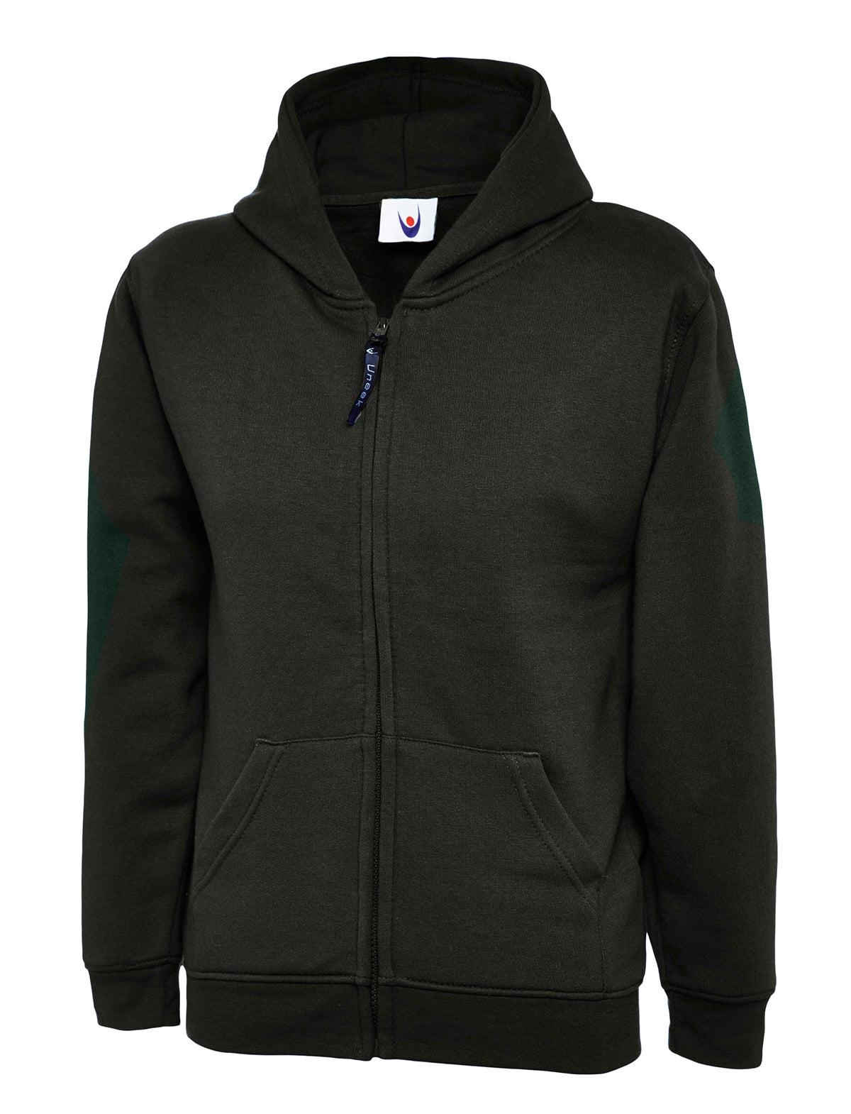 Uneek Childrens Classic Full Zip Hooded Sweatshirt in Black, back view